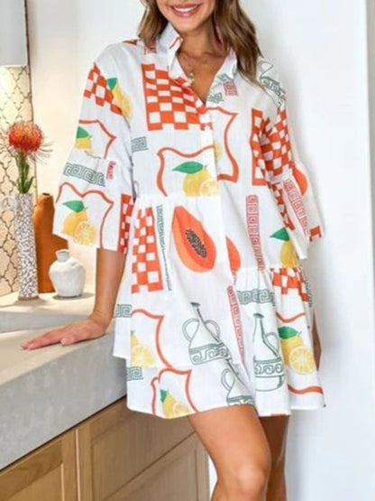 Tunic Dresses- Summer Print Tunic Dress with 3/4 Sleeves in Layered Design- White- IndioGear Fashion and Gear