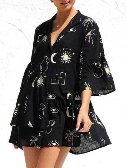 Tunic Dresses- Summer Print Tunic Dress with 3/4 Sleeves in Layered Design- - IndioGear Fashion and Gear