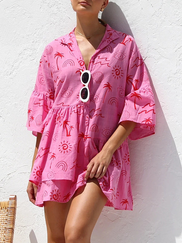 Tunic Dresses- Summer Print Tunic Dress with 3/4 Sleeves in Layered Design- - IndioGear Fashion and Gear