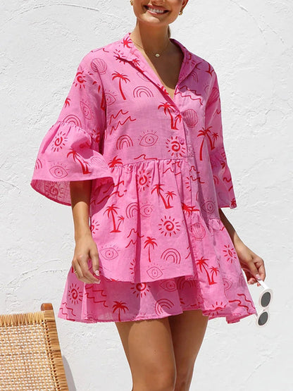 Tunic Dresses- Summer Print Tunic Dress with 3/4 Sleeves in Layered Design- Rose- IndioGear Fashion and Gear