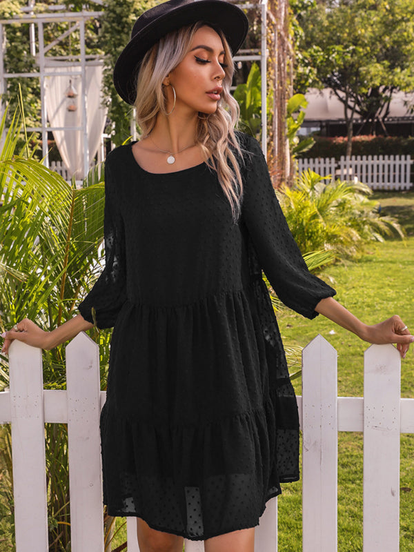 Tunic Dresses-Swiss Dot Tiered Tunic Dress with Flowy Bishop 3/4 Sleeves-Pekosa Women Clothing