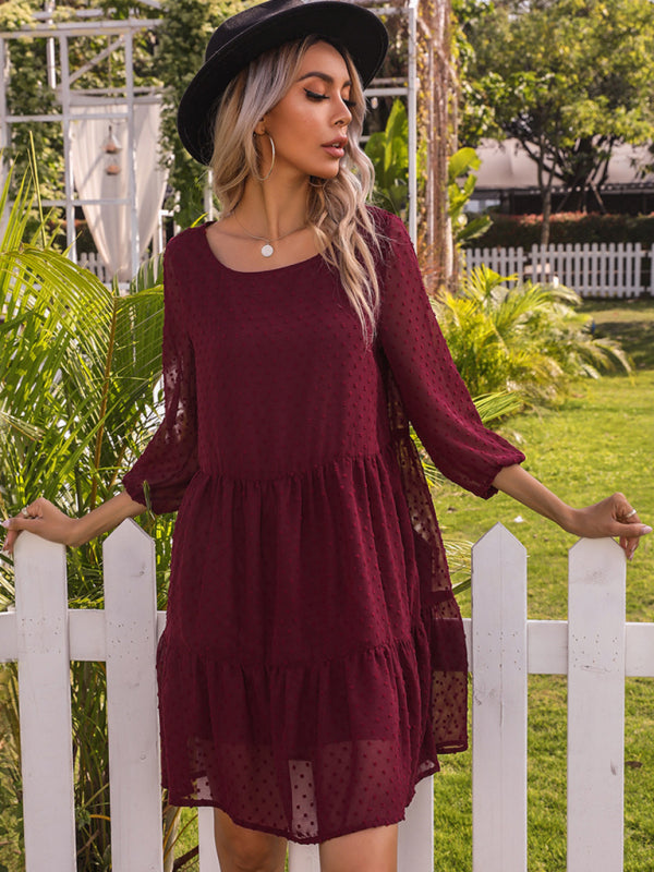 Tunic Dresses-Swiss Dot Tiered Tunic Dress with Flowy Bishop 3/4 Sleeves-Pekosa Women Clothing