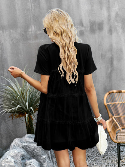 Tunic Dresses-Tiered Ruffle Tunic | Short Sleeved Tulle Overlay Mini Dress-Pekosa Women Clothing