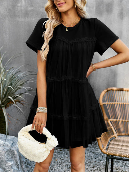 Tunic Dresses-Tiered Ruffle Tunic | Short Sleeved Tulle Overlay Mini Dress-Pekosa Women Clothing