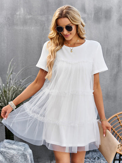 Tunic Dresses-Tiered Ruffle Tunic | Short Sleeved Tulle Overlay Mini Dress-Pekosa Women Clothing