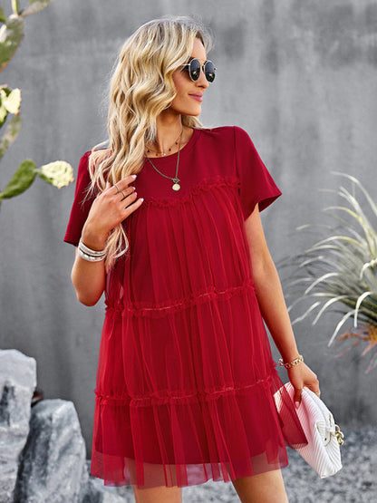 Tunic Dresses-Tiered Ruffle Tunic | Short Sleeved Tulle Overlay Mini Dress-Pekosa Women Clothing