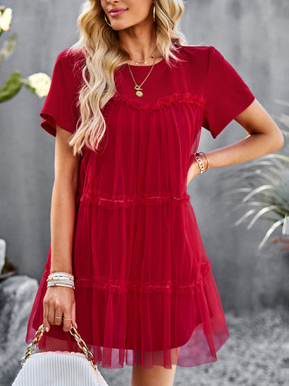 Tunic Dresses-Tiered Ruffle Tunic | Short Sleeved Tulle Overlay Mini Dress-Pekosa Women Clothing