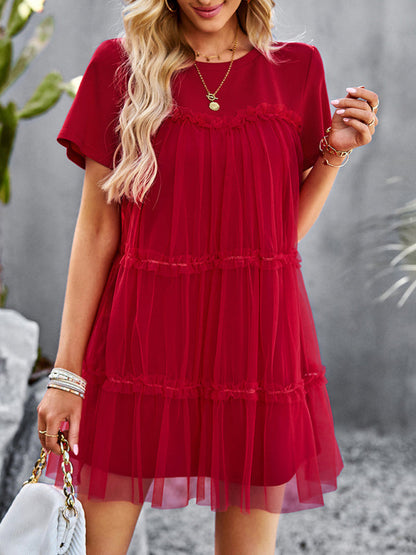 Tunic Dresses-Tiered Ruffle Tunic | Short Sleeved Tulle Overlay Mini Dress-Pekosa Women Clothing