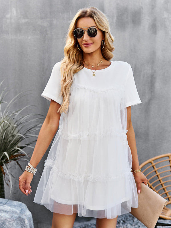 Tunic Dresses-Tiered Ruffle Tunic | Short Sleeved Tulle Overlay Mini Dress-Pekosa Women Clothing