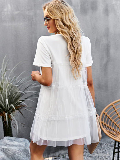 Tunic Dresses-Tiered Ruffle Tunic | Short Sleeved Tulle Overlay Mini Dress-Pekosa Women Clothing