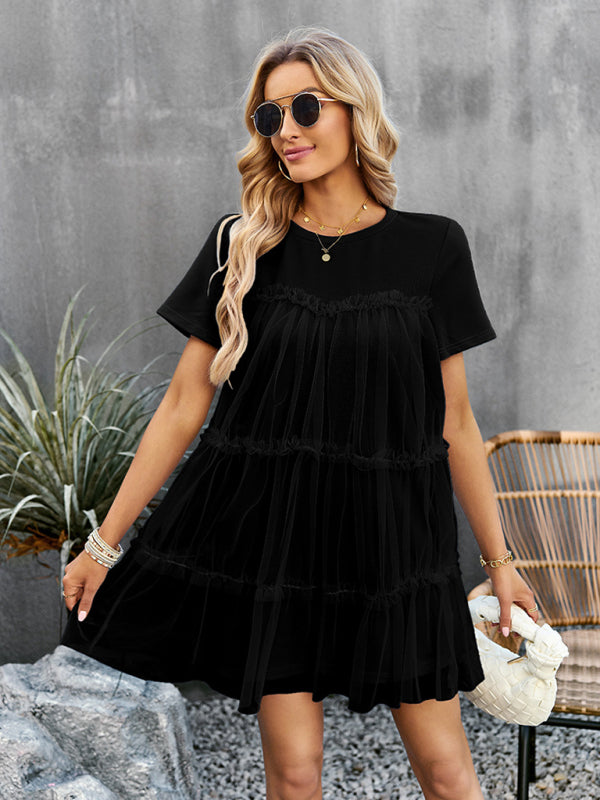 Tunic Dresses-Tiered Ruffle Tunic | Short Sleeved Tulle Overlay Mini Dress-Pekosa Women Clothing