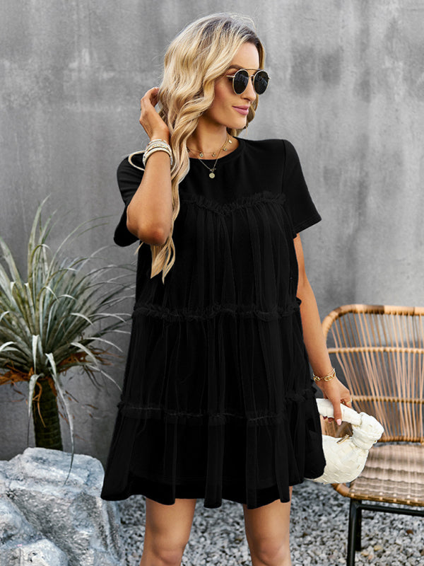 Tunic Dresses-Tiered Ruffle Tunic | Short Sleeved Tulle Overlay Mini Dress-Pekosa Women Clothing