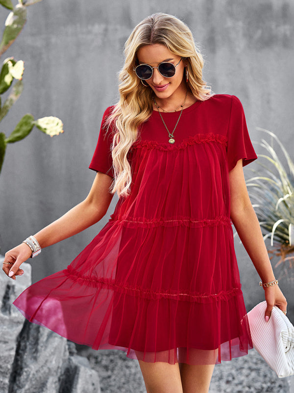 Tunic Dresses-Tiered Ruffle Tunic | Short Sleeved Tulle Overlay Mini Dress-Pekosa Women Clothing