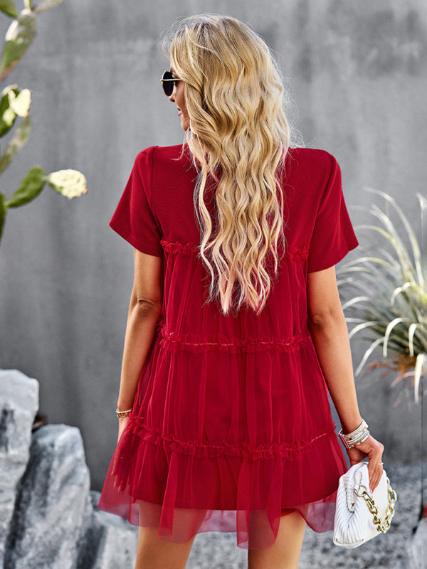 Tunic Dresses-Tiered Ruffle Tunic | Short Sleeved Tulle Overlay Mini Dress-Pekosa Women Clothing