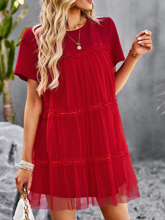 Tunic Dresses-Tiered Ruffle Tunic | Short Sleeved Tulle Overlay Mini Dress-Pekosa Women Clothing