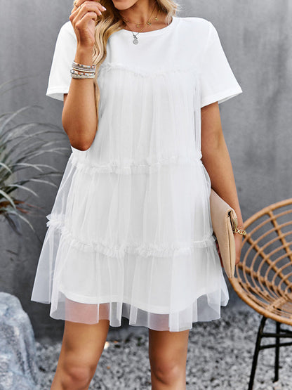 Tunic Dresses-Tiered Ruffle Tunic | Short Sleeved Tulle Overlay Mini Dress-Pekosa Women Clothing