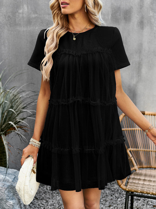 Tunic Dresses-Tiered Ruffle Tunic | Short Sleeved Tulle Overlay Mini Dress-Pekosa Women Clothing