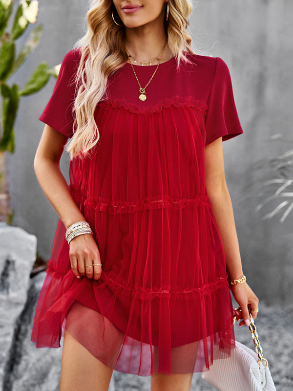 Tunic Dresses-Tiered Ruffle Tunic | Short Sleeved Tulle Overlay Mini Dress-Pekosa Women Clothing