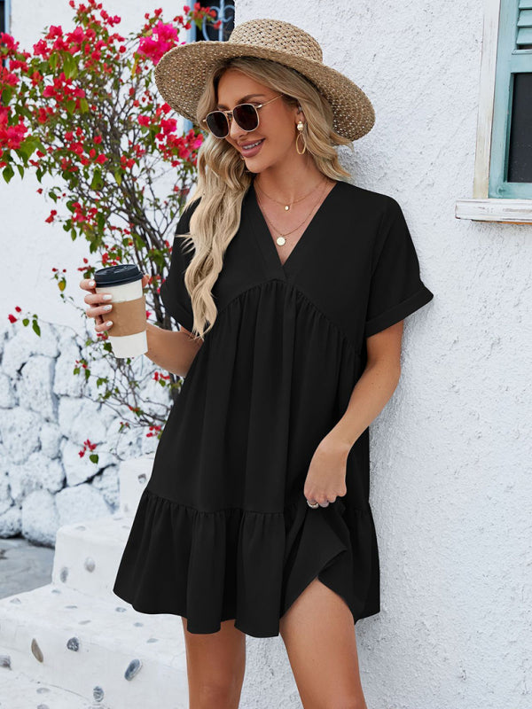 Tunic Dresses- Tunic Style Short Sleeve V-Neck Dress for Summer- - IndioGear Fashion and Gear