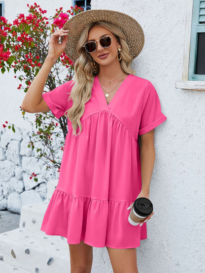 Tunic Dresses- Tunic Style Short Sleeve V-Neck Dress for Summer- Rose- IndioGear Fashion and Gear