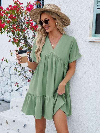 Tunic Dresses- Tunic Style Short Sleeve V-Neck Dress for Summer- - IndioGear Fashion and Gear