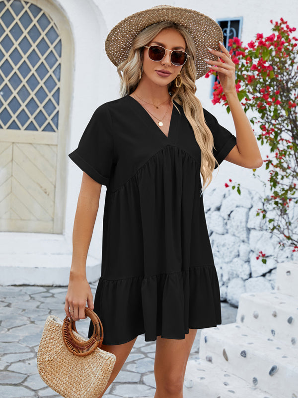 Tunic Dresses- Tunic Style Short Sleeve V-Neck Dress for Summer- - IndioGear Fashion and Gear