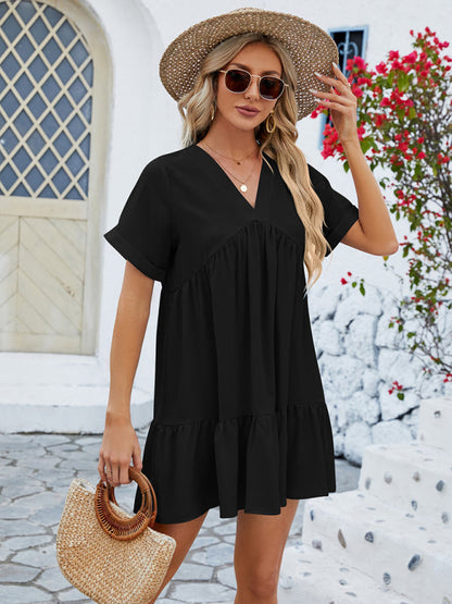 Tunic Dresses- Tunic Style Short Sleeve V-Neck Dress for Summer- - IndioGear Fashion and Gear