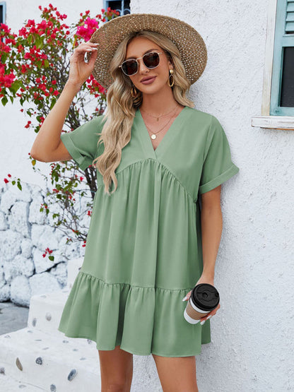 Tunic Dresses- Tunic Style Short Sleeve V-Neck Dress for Summer- - IndioGear Fashion and Gear