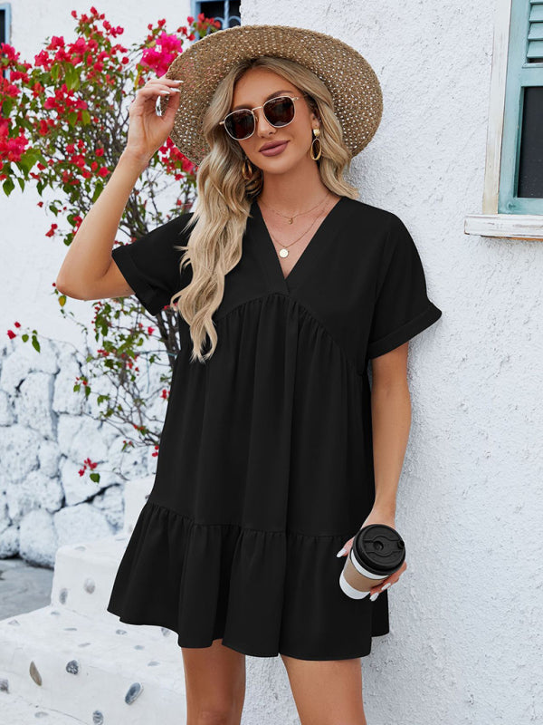 Tunic Dresses- Tunic Style Short Sleeve V-Neck Dress for Summer- Black- IndioGear Fashion and Gear