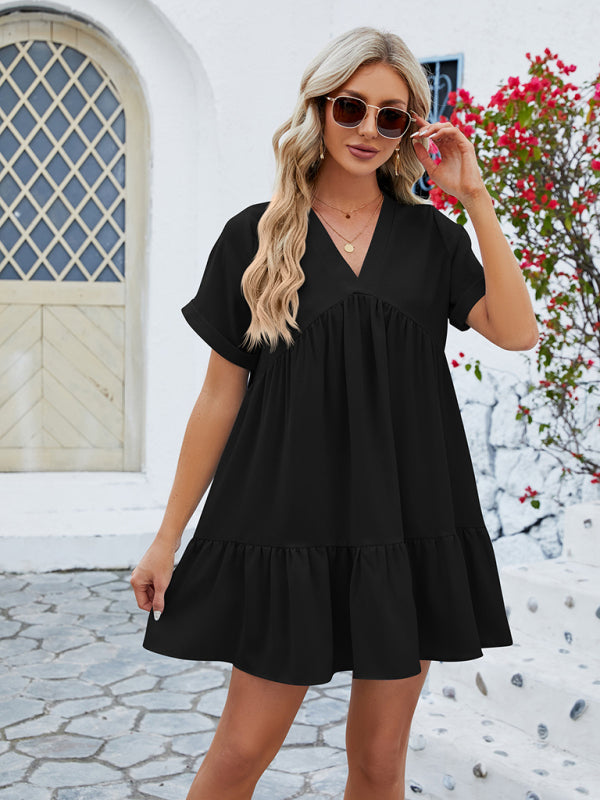 Tunic Dresses- Tunic Style Short Sleeve V-Neck Dress for Summer- - IndioGear Fashion and Gear