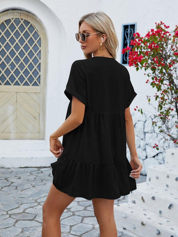 Tunic Dresses- Tunic Style Short Sleeve V-Neck Dress for Summer- - IndioGear Fashion and Gear