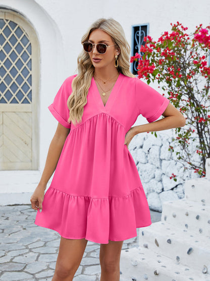 Tunic Dresses- Tunic Style Short Sleeve V-Neck Dress for Summer- - IndioGear Fashion and Gear