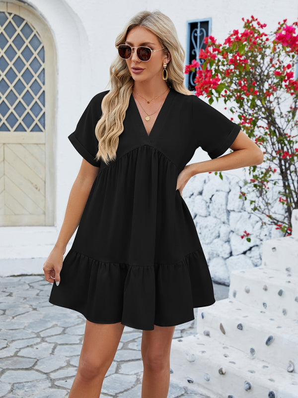 Tunic Dresses- Tunic Style Short Sleeve V-Neck Dress for Summer- - IndioGear Fashion and Gear