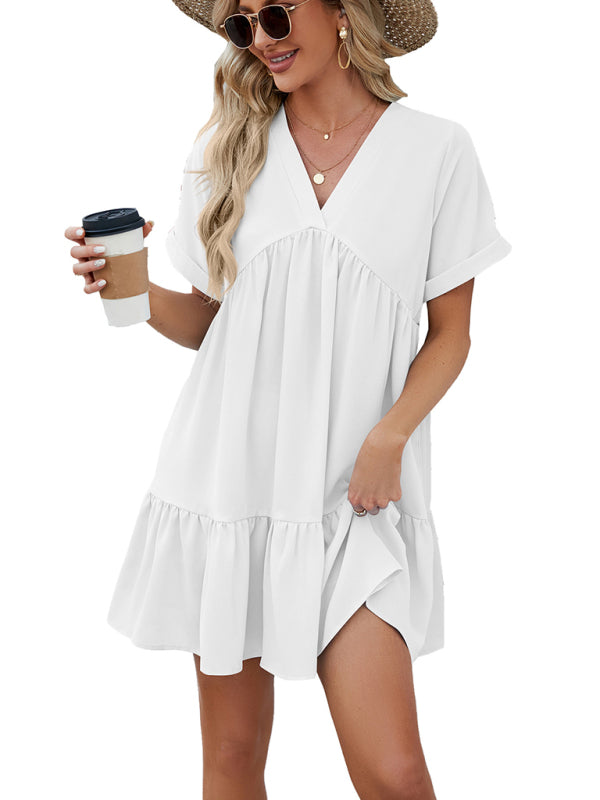 Tunic Dresses- Tunic Style Short Sleeve V-Neck Dress for Summer- - IndioGear Fashion and Gear