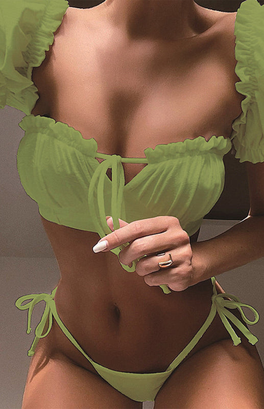 Two Piece Bikini- Square Neck 2 Piece Bikini Set with Ruffle Sleeves- Green- IndioGear Fashion and Gear