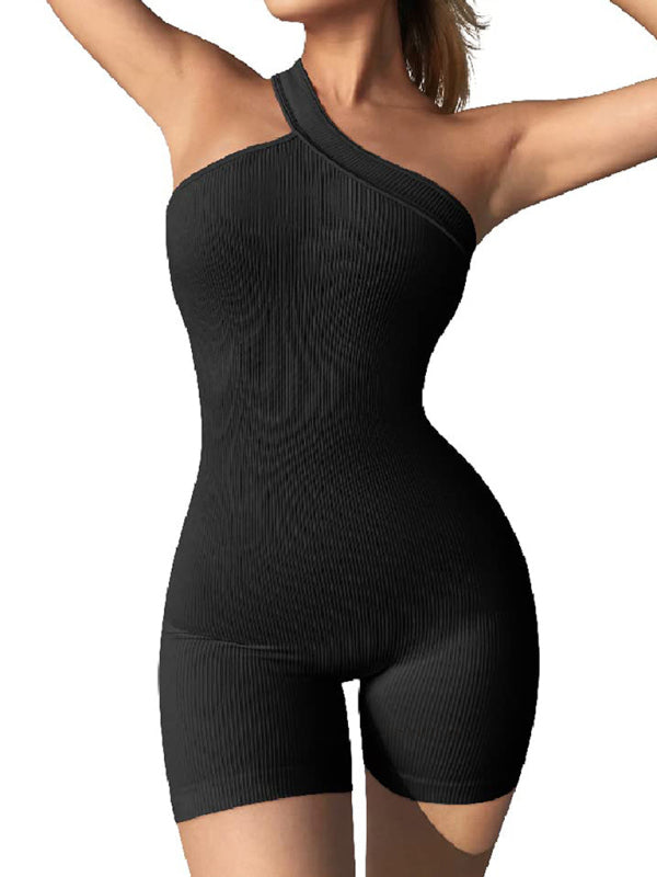 Unitards- Women's One-Shoulder Unitard Romper - Tight-Fitting Playsuit- - IndioGear Fashion and Gear