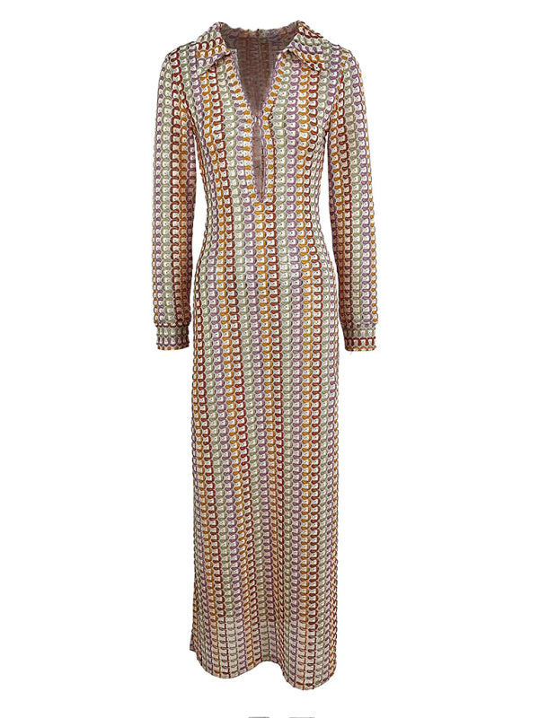 Vacation Dresses- Boho Vacay Long-Sleeved Maxi Dress in Colorful Open Knit and Slits- - IndioGear Fashion and Gear