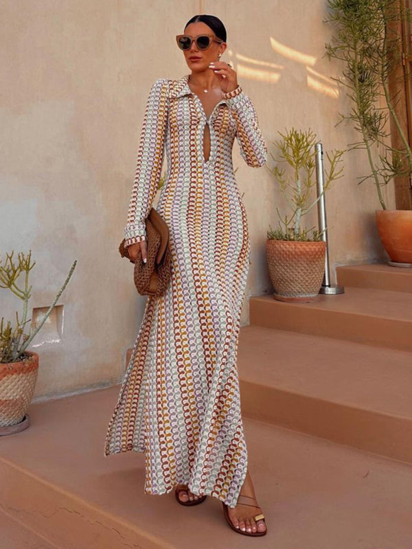 Vacation Dresses- Boho Vacay Long-Sleeved Maxi Dress in Colorful Open Knit and Slits- - IndioGear Fashion and Gear