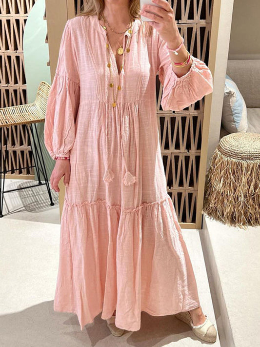 Vacation Dresses- Cotton Linen Tunic with Lantern Sleeves - Boho Maxi Dress- Pink- IndioGear Fashion and Gear