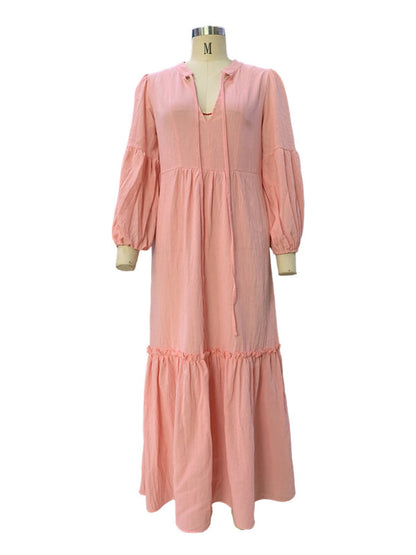 Vacation Dresses- Cotton Linen Tunic with Lantern Sleeves - Boho Maxi Dress- - IndioGear Fashion and Gear