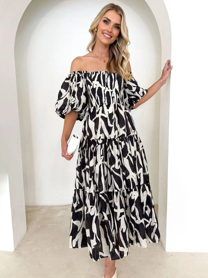 Vacation Dresses- Elegant Floral Off-Shoulder Midi Dress for Vacation with Balloon Sleeves- Black- IndioGear Fashion and Gear