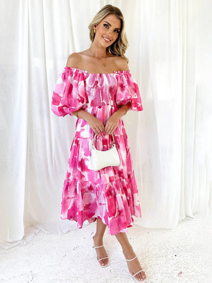 Vacation Dresses- Elegant Floral Off-Shoulder Midi Dress for Vacation with Balloon Sleeves- - IndioGear Fashion and Gear