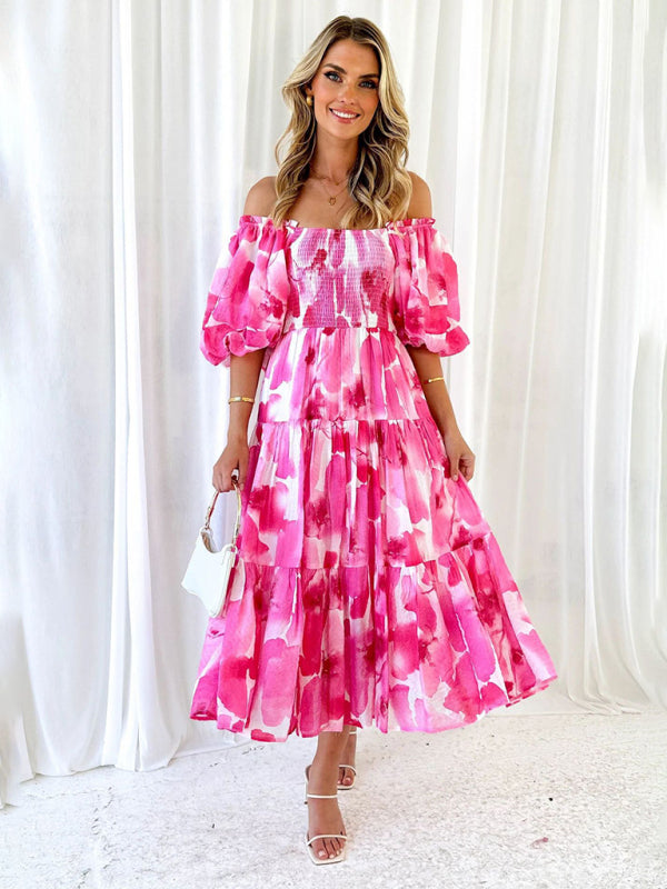 Vacation Dresses- Elegant Floral Off-Shoulder Midi Dress for Vacation with Balloon Sleeves- - IndioGear Fashion and Gear