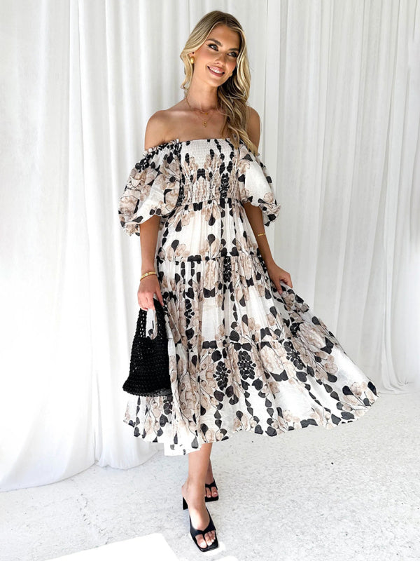 Vacation Dresses- Elegant Floral Off-Shoulder Midi Dress for Vacation with Balloon Sleeves- - IndioGear Fashion and Gear