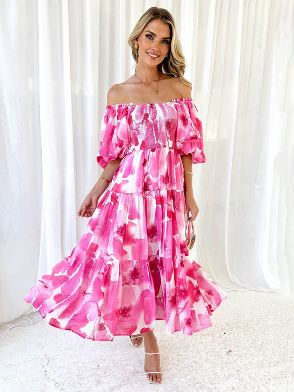 Vacation Dresses- Elegant Floral Off-Shoulder Midi Dress for Vacation with Balloon Sleeves- - IndioGear Fashion and Gear