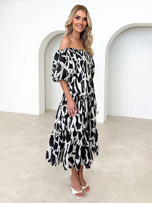 Vacation Dresses- Elegant Floral Off-Shoulder Midi Dress for Vacation with Balloon Sleeves- - IndioGear Fashion and Gear