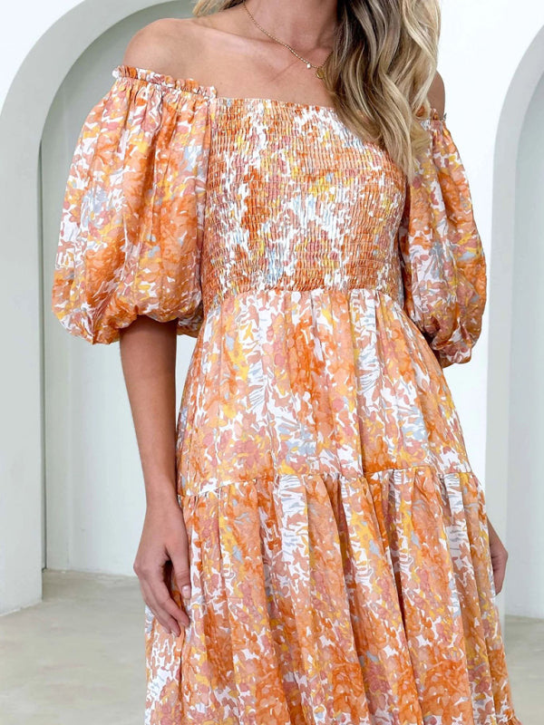 Vacation Dresses- Elegant Floral Off-Shoulder Midi Dress for Vacation with Balloon Sleeves- - IndioGear Fashion and Gear