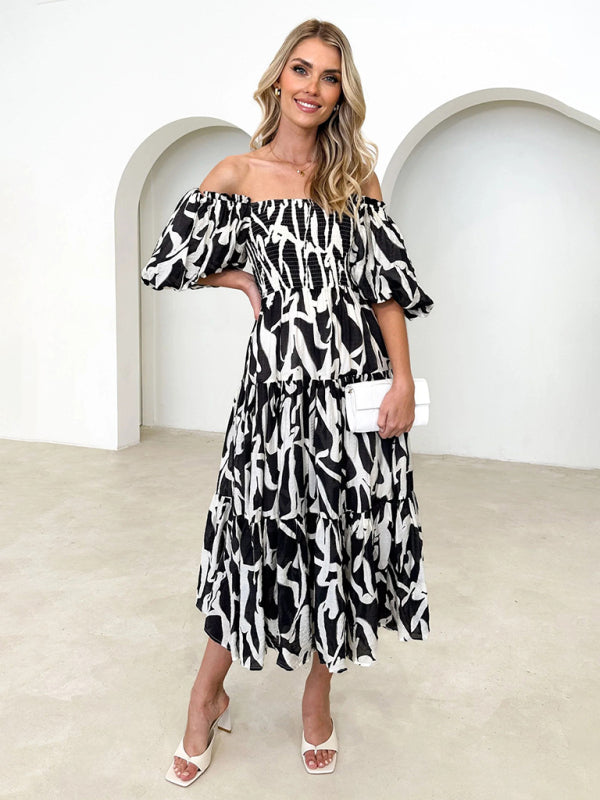 Vacation Dresses- Elegant Floral Off-Shoulder Midi Dress for Vacation with Balloon Sleeves- - IndioGear Fashion and Gear