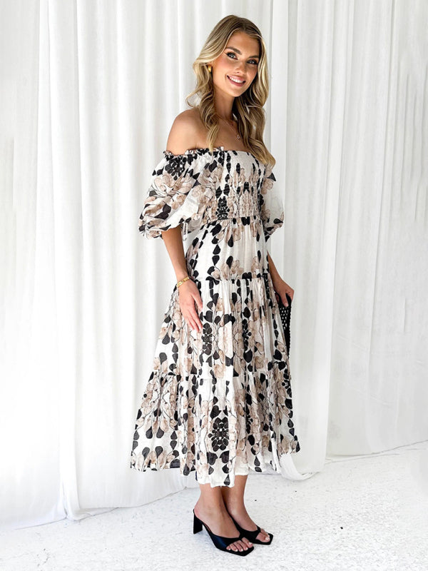 Vacation Dresses- Elegant Floral Off-Shoulder Midi Dress for Vacation with Balloon Sleeves- - IndioGear Fashion and Gear