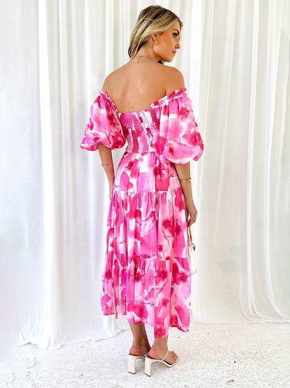 Vacation Dresses- Elegant Floral Off-Shoulder Midi Dress for Vacation with Balloon Sleeves- - IndioGear Fashion and Gear